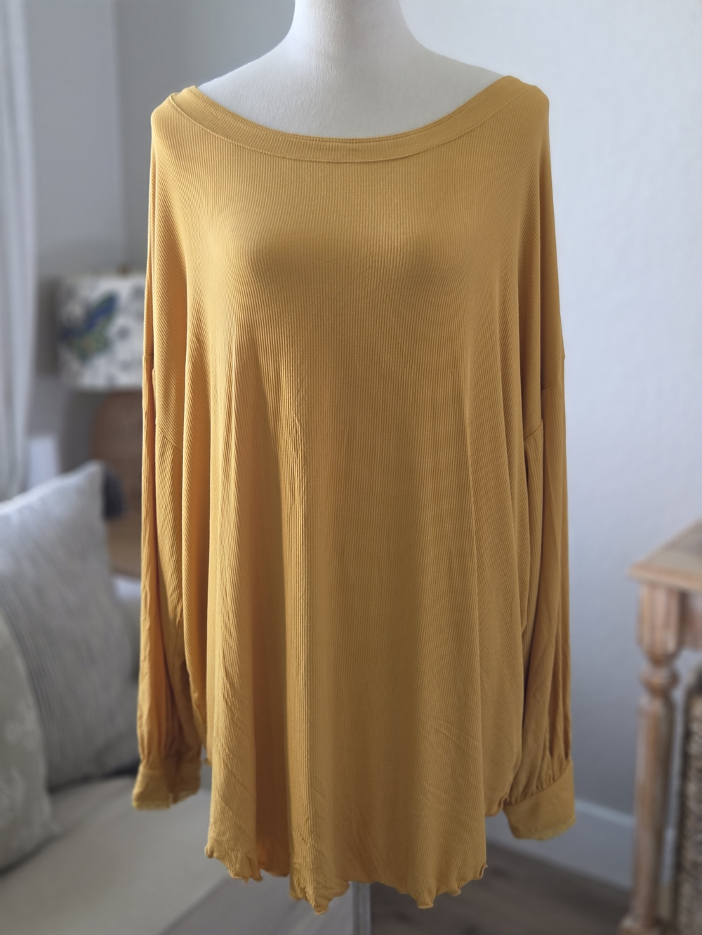 Free People Mustard Oversized Ribbed Boatneck Pullover